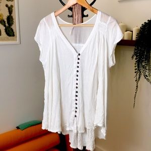 Free People White Oversized Babydoll Tee Top Shirt Henley Button Down S/S XS